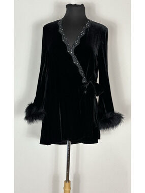 Victoria's Secret Y2K Black Velvet Feather Trim Sequin Wrap Jacket Robe Glam OS